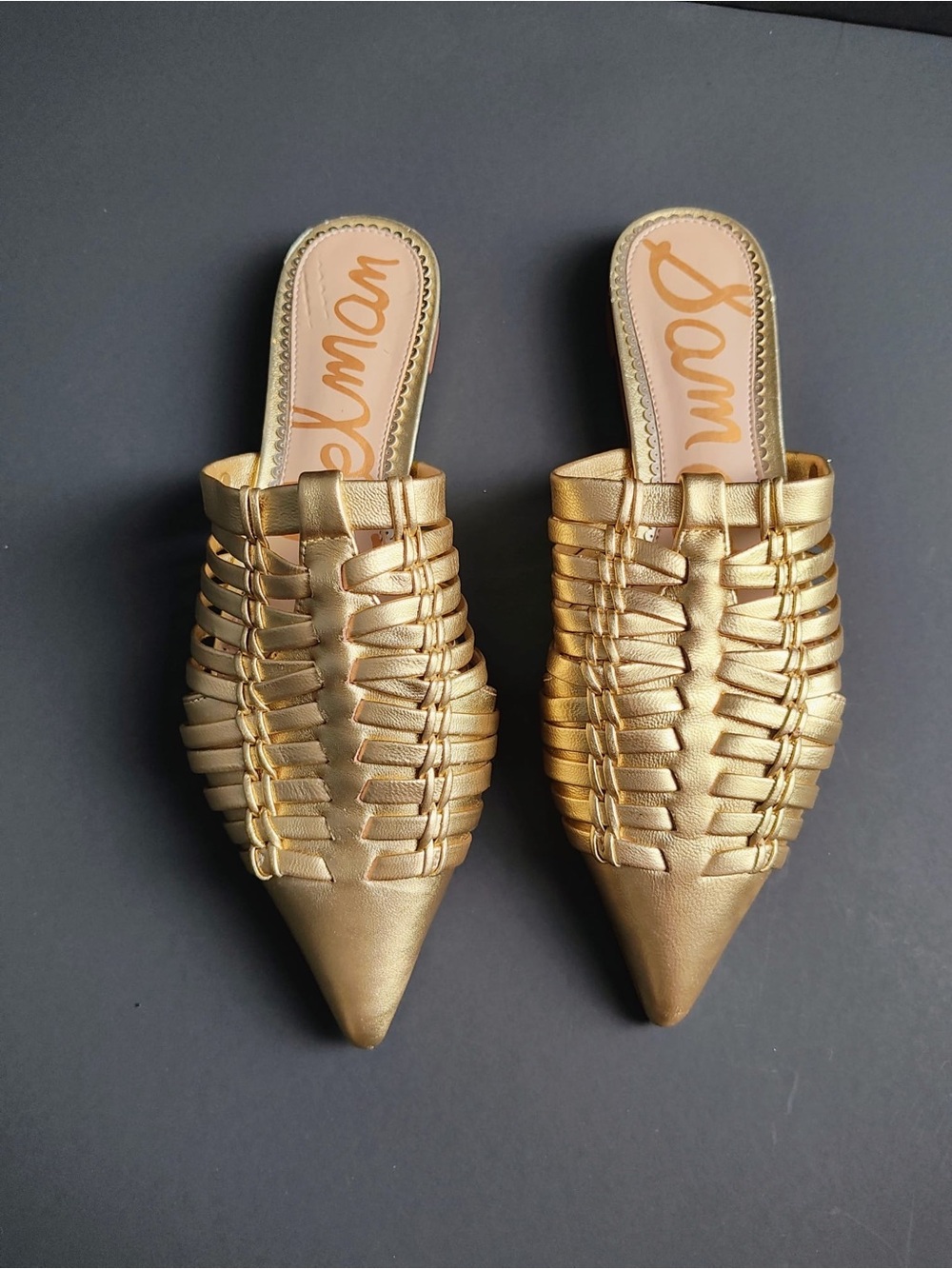 Sam Edelman Metallic Gold Woven Pointed Slide Mules
